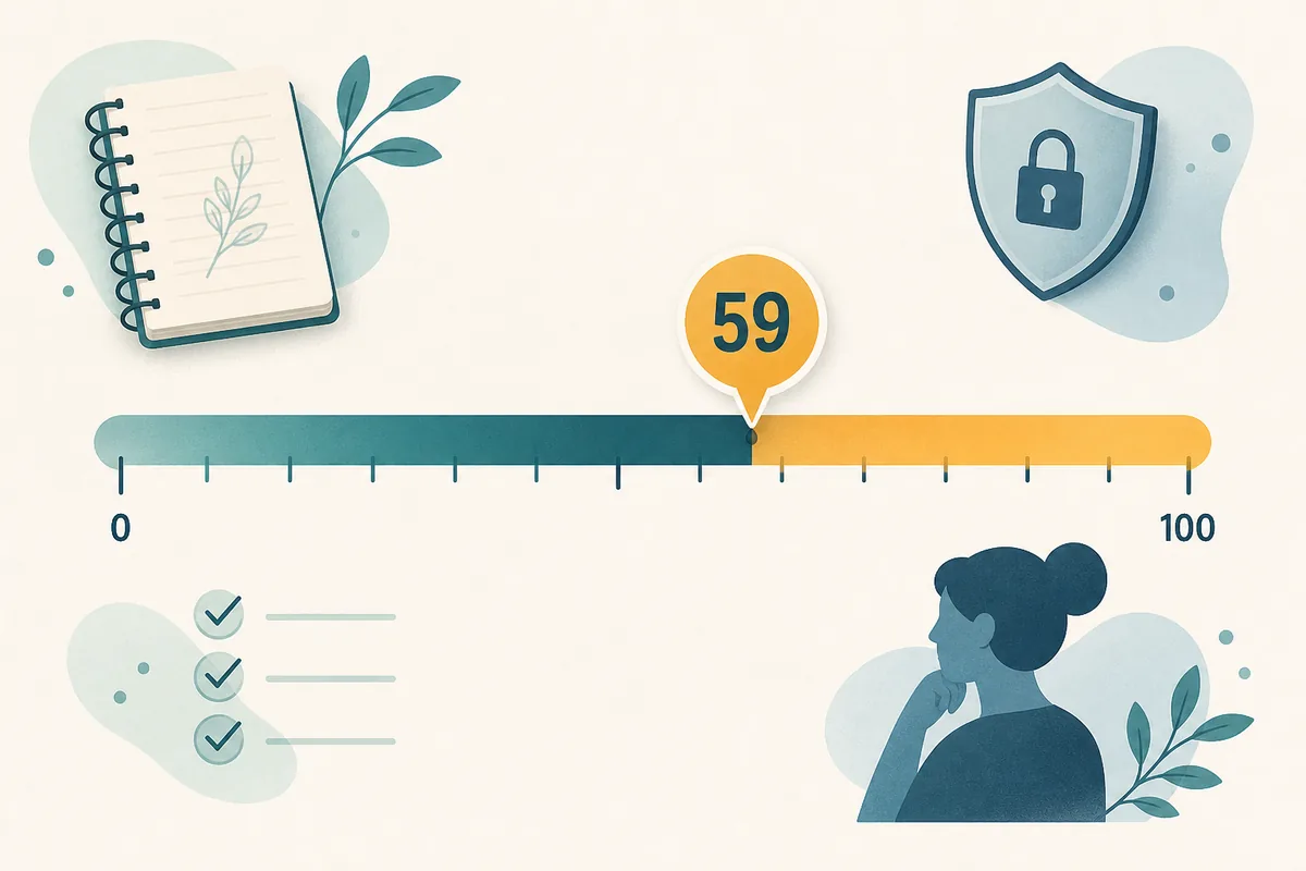 59 Rice Purity score meaning guide showing a calm score scale and privacy context