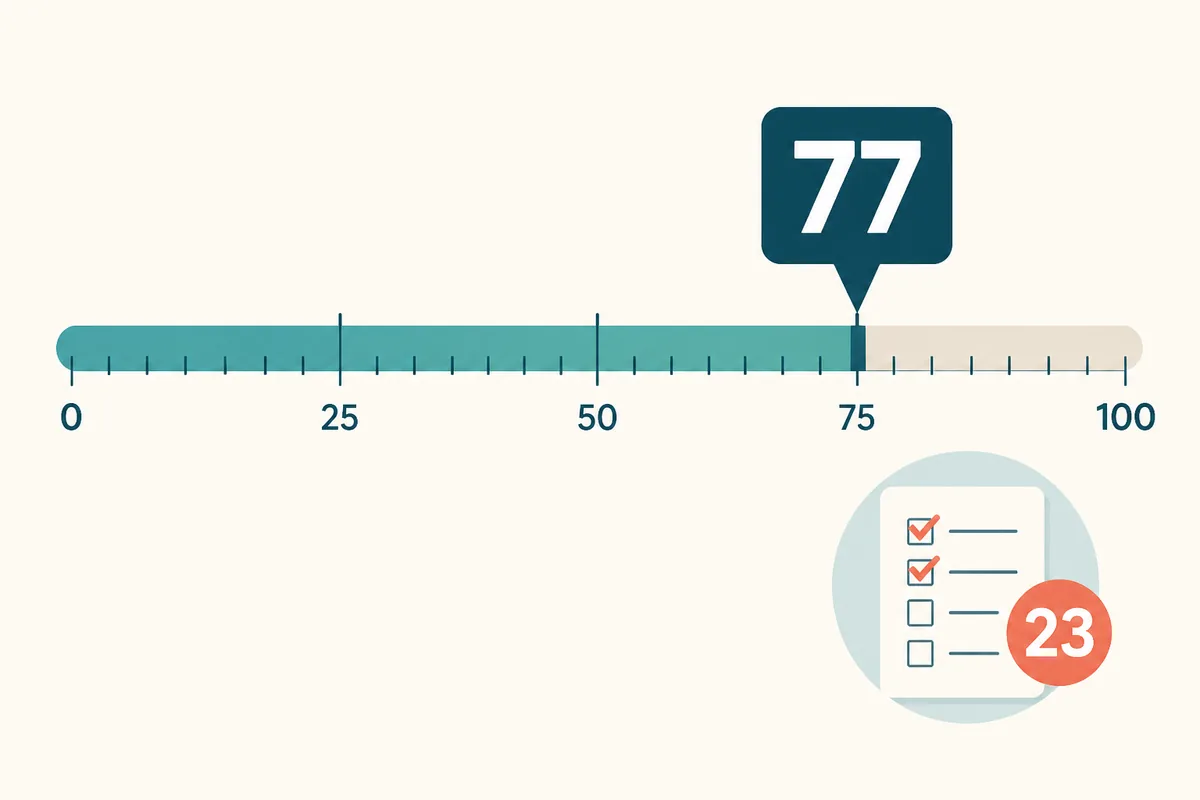 77 Rice Purity score meaning guide showing a high score scale and 23 checked items