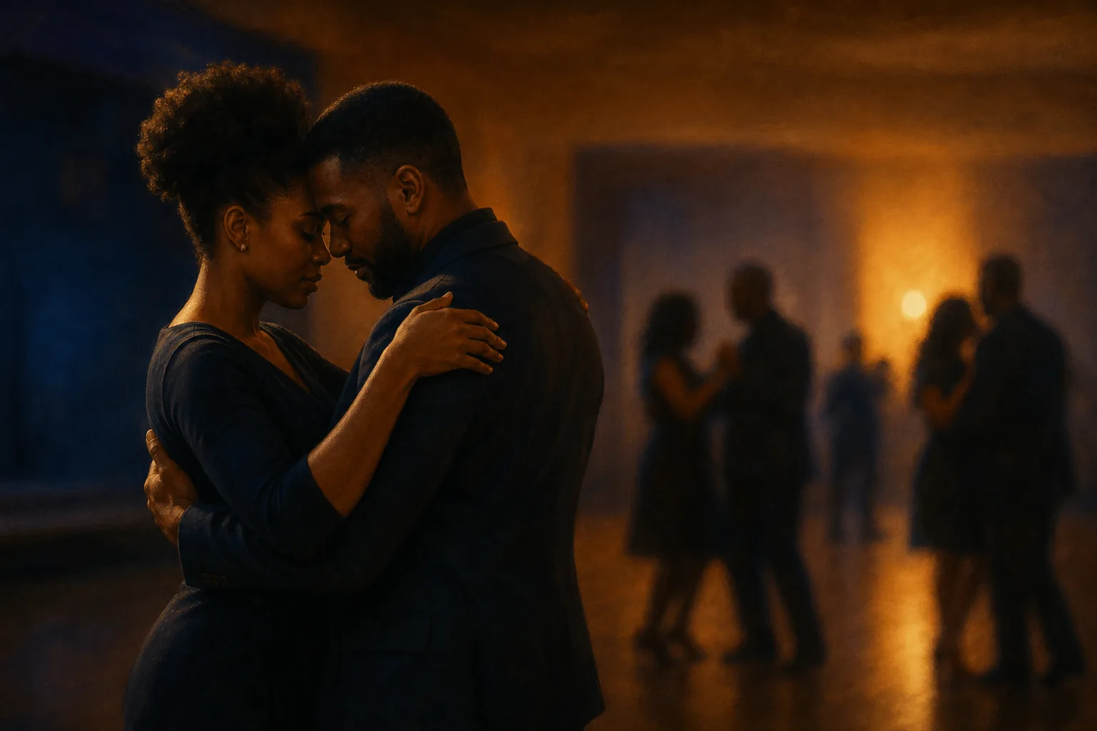 Two fully clothed adults slow dancing closely in a warm community dance hall