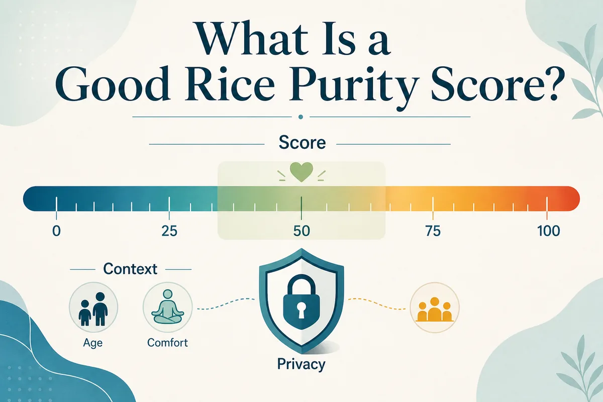 Good Rice Purity score guide showing a score scale with context and privacy cues